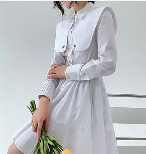 White oversized collar cotton pleated shirt dress