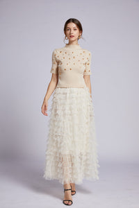 Knitted embellished top and tiered ruffle skirt set *comes in 3 colours*