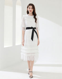 White lacy midi dress with belt