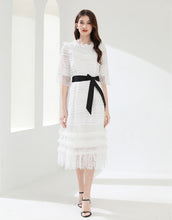 Load image into Gallery viewer, White lacy midi dress with belt