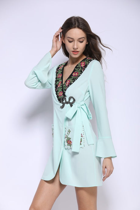 Mint embellished deep v neckline wrap dress