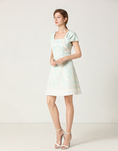 Load image into Gallery viewer, White and light teal mini dress with pearl details sample sale