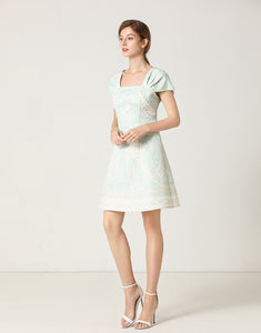 White and light teal mini dress with pearl details sample sale