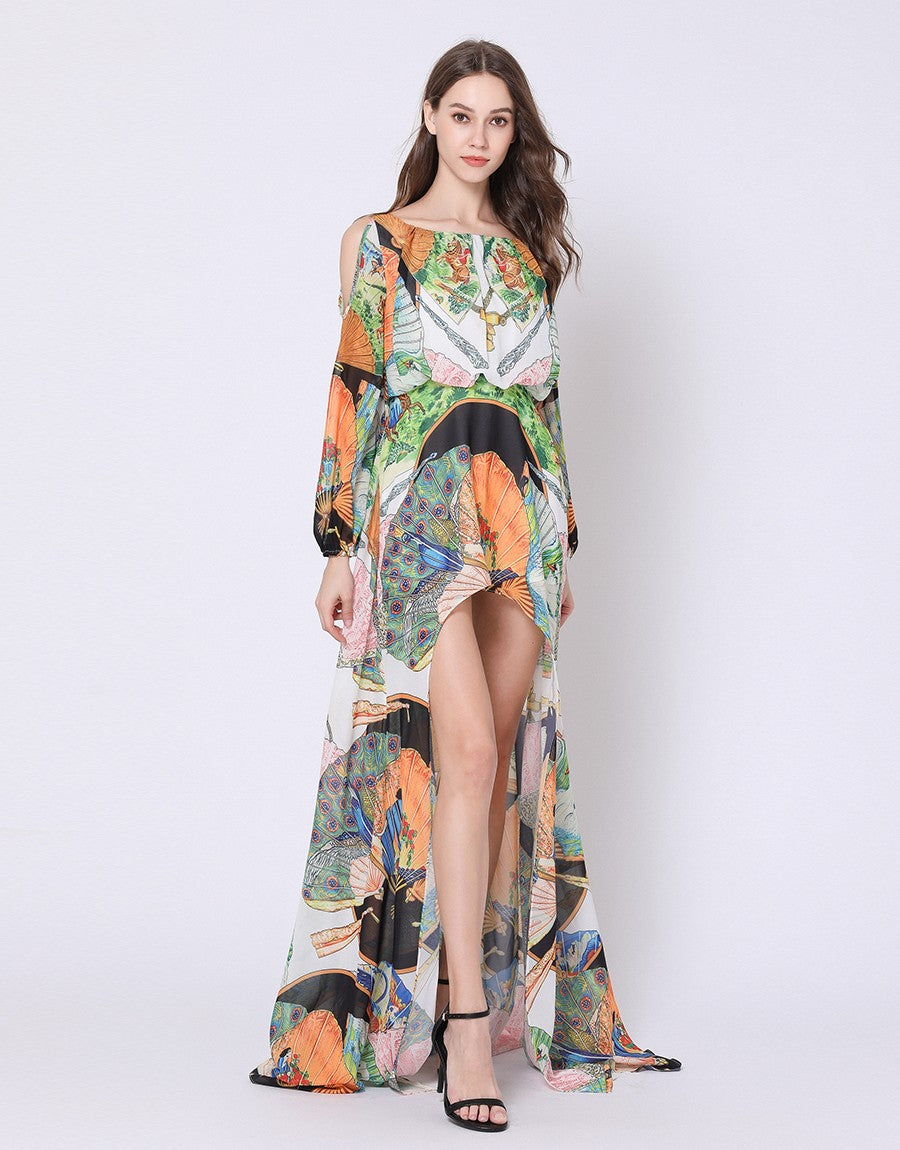 Orange Peacock fantasy dip hem dress