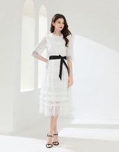 Load image into Gallery viewer, White lacy midi dress with belt