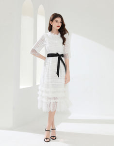 White lacy midi dress with belt