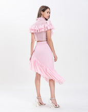 Load image into Gallery viewer, Dotty Candy Pink Ruffle crop top with Dip Hem skirt set