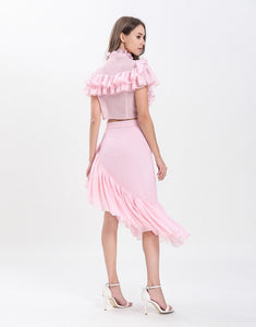 Dotty Candy Pink Ruffle crop top with Dip Hem skirt set