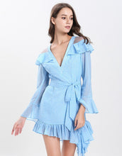Load image into Gallery viewer, Dotty baby blue cut out shoulder gathered hem mini dress