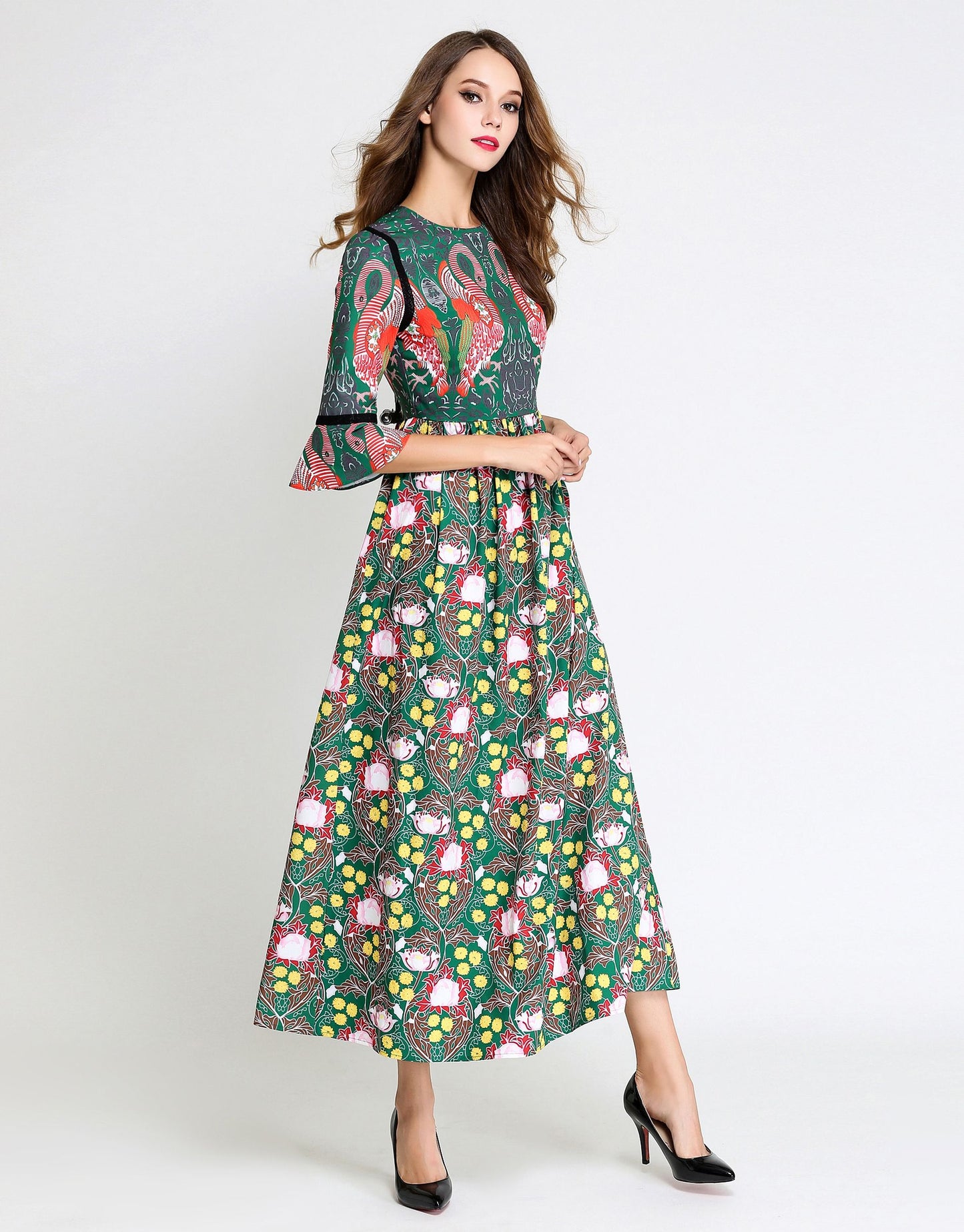 Green / Multi Print Flamingo Maxi Dress