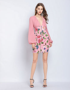 Dusky Pink floral long sleeve mini dress