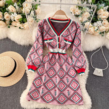 Load image into Gallery viewer, Diamond rose with racing stripes knitted dress