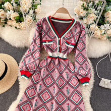 Load image into Gallery viewer, Diamond rose with racing stripes knitted dress