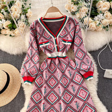 Load image into Gallery viewer, Diamond rose with racing stripes knitted dress