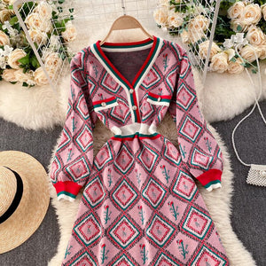 Diamond rose with racing stripes knitted dress