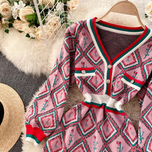 Load image into Gallery viewer, Diamond rose with racing stripes knitted dress