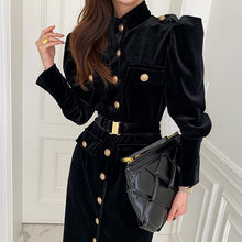 Load image into Gallery viewer, Luxe Black military style dress with belt