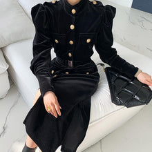 Load image into Gallery viewer, Luxe Black military style dress with belt