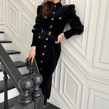 Load image into Gallery viewer, Luxe Black military style dress with belt