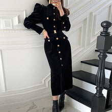 Load image into Gallery viewer, Luxe Black military style dress with belt