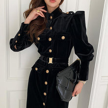 Load image into Gallery viewer, Luxe Black military style dress with belt