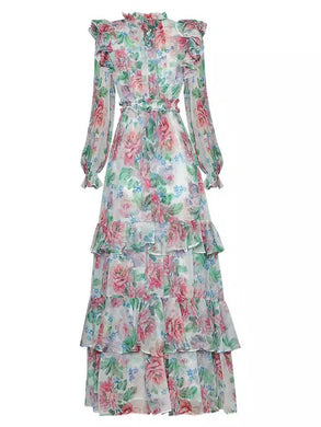 Muted Flower meadow tiered maxi dress