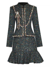 Load image into Gallery viewer, Metallic tweed two piece set with diamante brooch and pearls