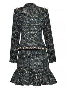 Metallic tweed two piece set with diamante brooch and pearls