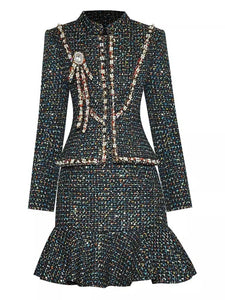 Metallic tweed two piece set with diamante brooch and pearls