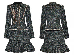 Metallic tweed two piece set with diamante brooch and pearls