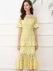 Lemon floral cut out peplum dress