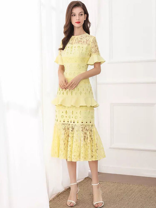 Lemon floral cut out peplum dress