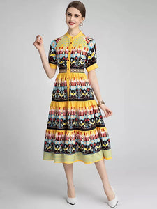 Bird and flower in rows midi dress