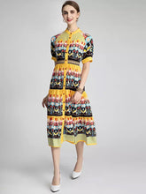 Load image into Gallery viewer, Bird and flower in rows midi dress