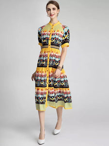 Bird and flower in rows midi dress