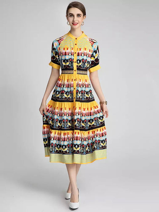 Bird and flower in rows midi dress
