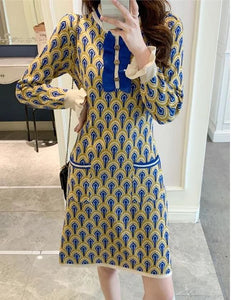 Mustard and blue pattern knitted dress