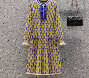 Mustard and blue pattern knitted dress