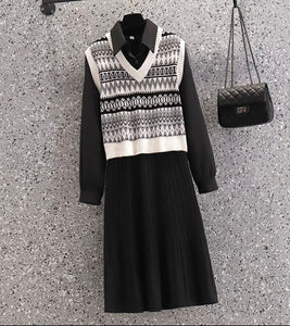 Pleated dress with vest overlay set