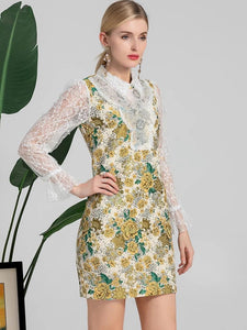 Intricate lace and mustard flower dress