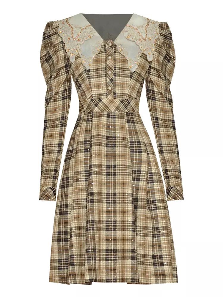 Gold embellished checked mini dress