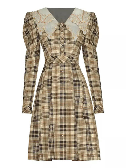 Gold embellished checked mini dress