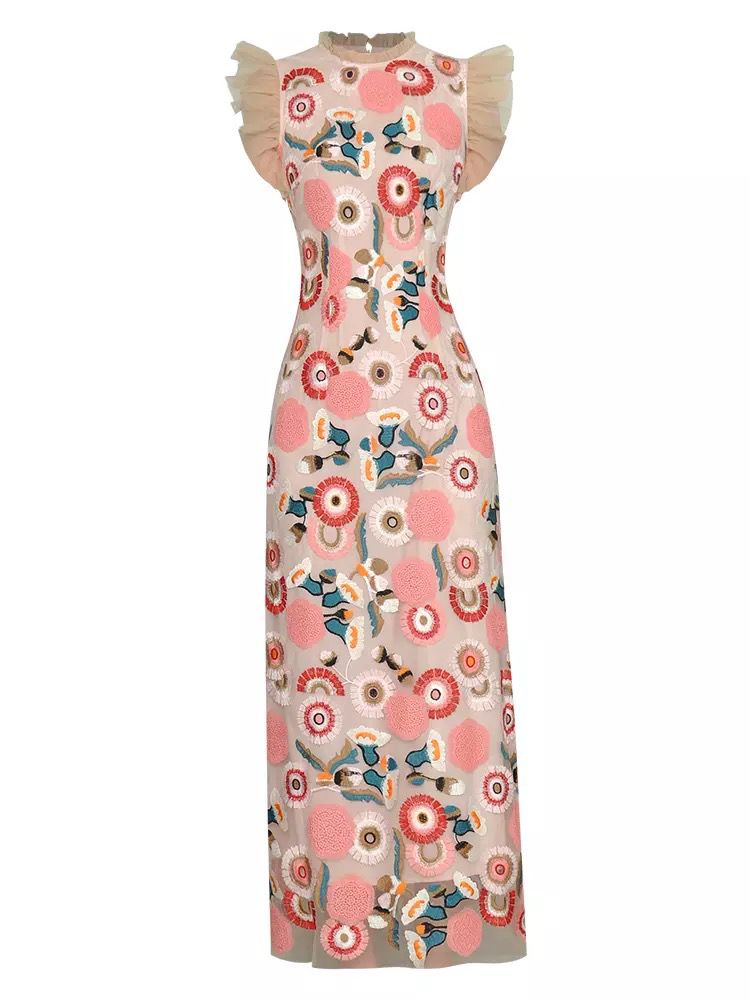 Flowers and circles embroidery maxi dress