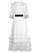 Load image into Gallery viewer, White lacy midi dress with belt