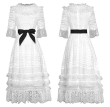 Load image into Gallery viewer, White lacy midi dress with belt