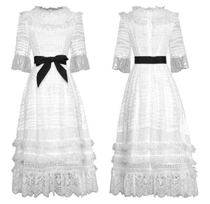 White lacy midi dress with belt