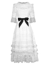 Load image into Gallery viewer, White lacy midi dress with belt