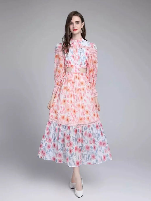 Mixed flowers dress cut out with ladder lace detail