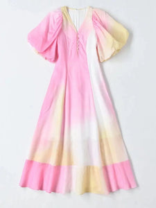 Ombre pink midi dress with puff ball sleeves