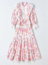 Load image into Gallery viewer, Statement frilled ruffle pink floral midi dress